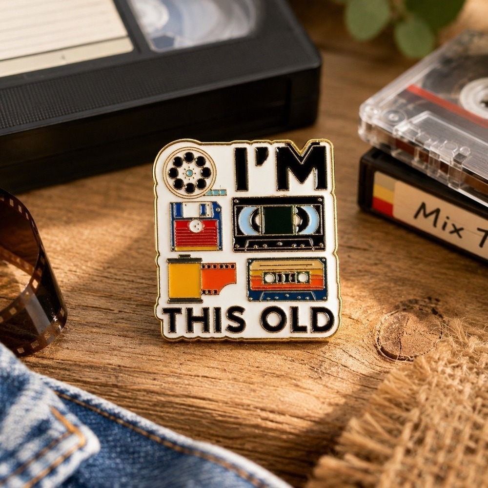 I'm This Old Retro Media Enamel Lapel Pin VHS Cassette Floppy Disk Movie ReelNew